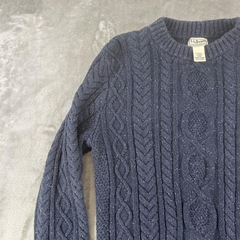 L.L. Bean Sweater Mens Small Blue Cable Knit Crew Neck Organic Cotton Pullover - Picture 3 of 14
